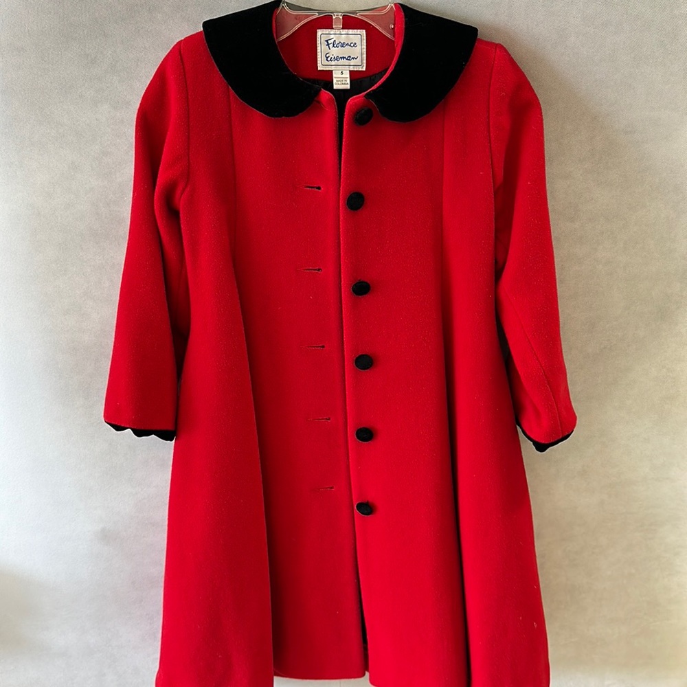 Florence Eisman vintage size 5 girls coat red black, velvet trim